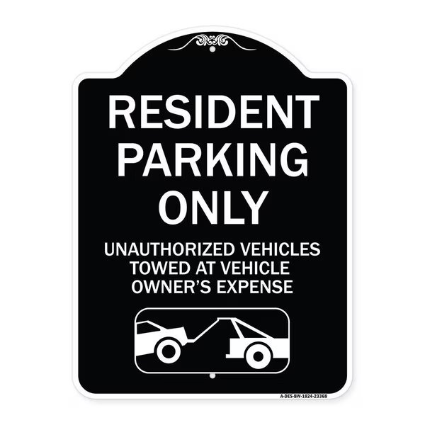 Parking Restriction Resident Parking Unauthorized Vehicles Towed at Owner Expense, BW-1824-23368, Signmission, Mfr#: A-DES-BW-1824-23368